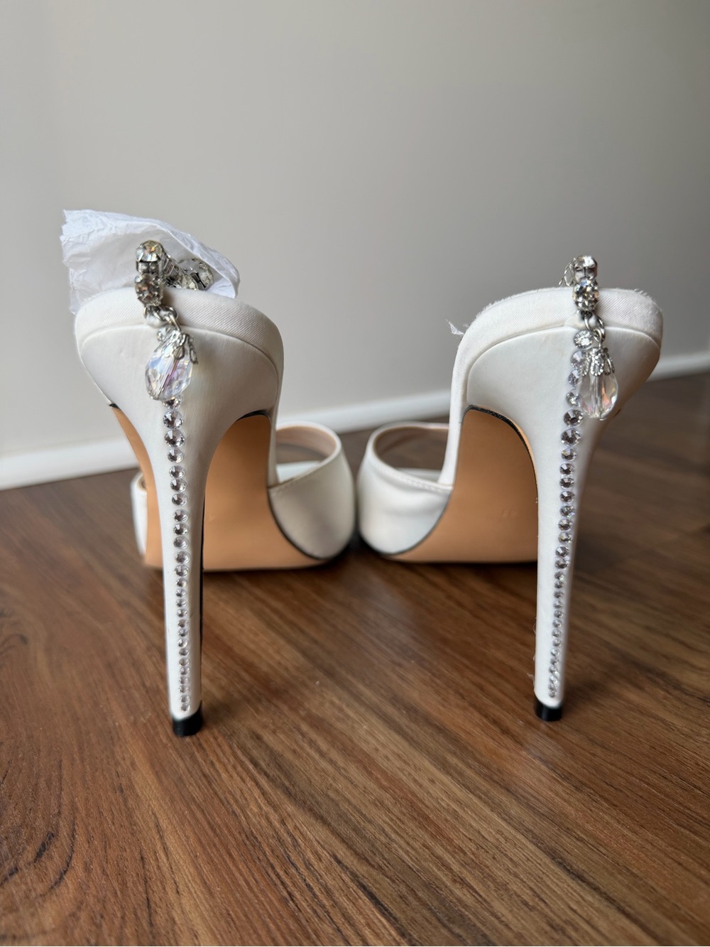 Ivory Open-Toe Stiletto Heels Rhinestone Ankle Strap Wedding Shoes Sz 41/ 9.5 - Picture 6 of 7